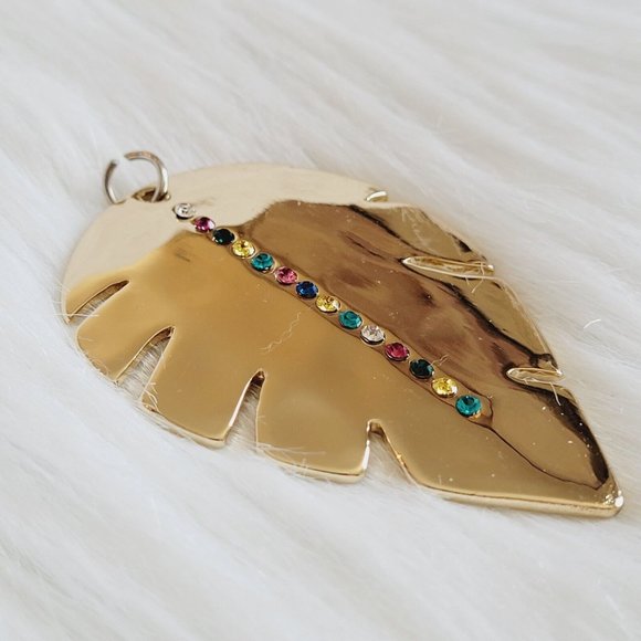 RHinestone Leaf Pendant Multicolor Statement Shiny Gold Tone Metal 13155 - Picture 4 of 8